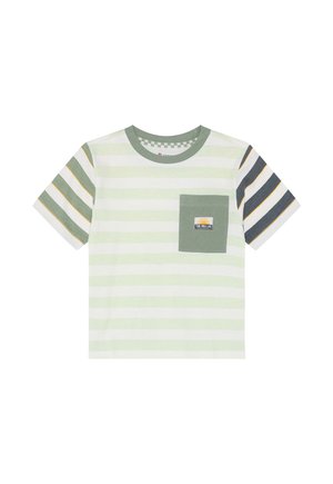 Gestreept T-shirt met korte mouwen in groene en witte katoen, voorzien van een borstzak met een logo. Ronde hals met extra kleuraccenten.