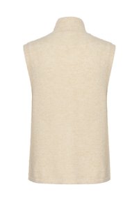 Pull en col roulé sans manches beige, texture douce, col côtelé et finition lisse, présentant un design simple sans coutures ni motifs visibles.