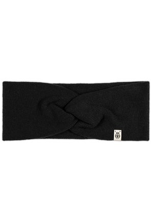 Black knitted headband with a twisted design at the front. Features a small, labeled tag on one side. Soft texture and flexible material.