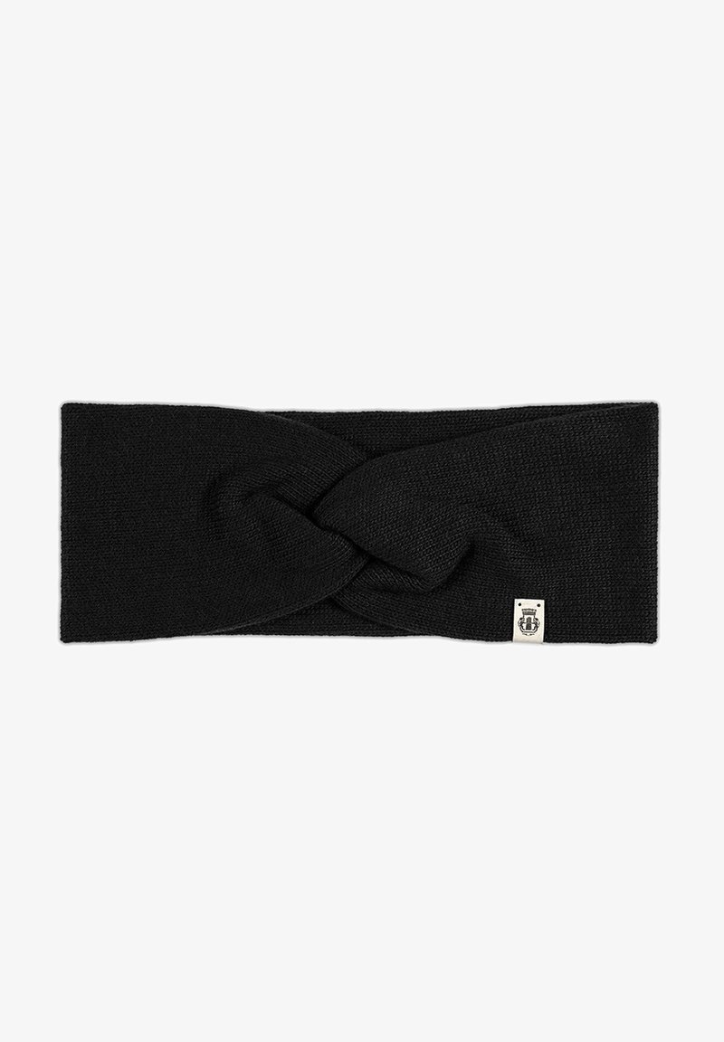 Black knitted headband with a twisted design at the front. Features a small, labeled tag on one side. Soft texture and flexible material.