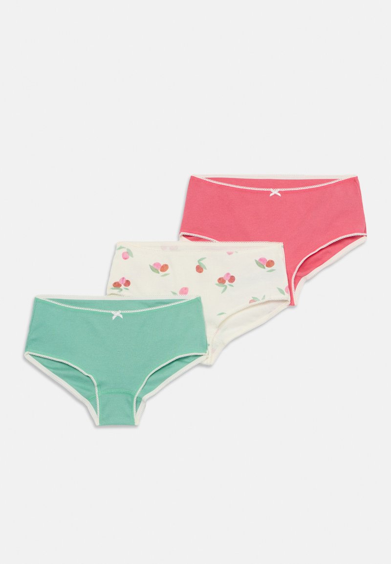 Three pairs of women's briefs: one mint green, one cream with floral print, and one coral, all with lace trim and bow details.