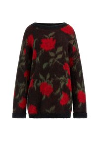 Maglione lavorato a maglia marrone scuro con motivi di rose rosse e foglie verdi. Presenta un collo ampio e polsini e orlo a costine neri. Texture morbida.