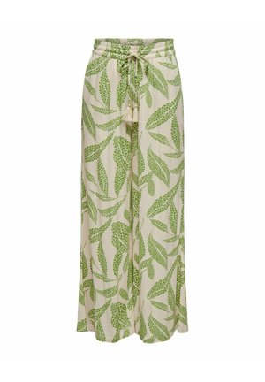 Pantalon crème à jambes larges avec motif de feuilles vertes, taille élastique et cordon de serrage avec pompons.