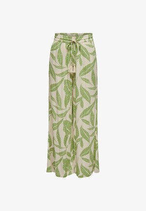 Kremowe spodnie o szerokich nogawkach z zielonym wzorem liści, elastyczną talią i sznurkiem z frędzlami.