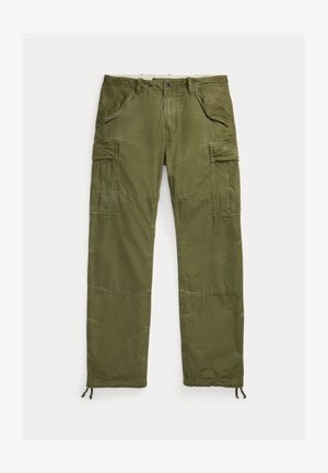 Cargo pants in olive green, featuring multiple pockets, a smooth texture, and adjustable drawstrings at the ankles. Durable fabric design.