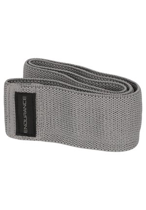 Bande de résistance en tissu gris avec surface texturée et une étiquette noire affichant le mot "ENDURANCE". Design flexible et plat.