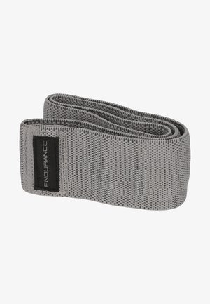 Grå stof modstandsbånd med tekstureret overflade og en sort label, der viser ordet "ENDURANCE." Fleksibelt og fladt design.