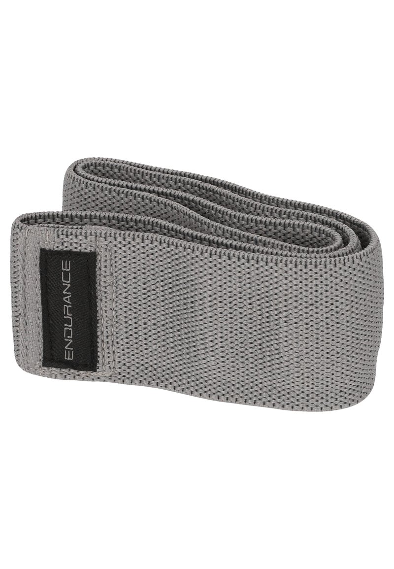 Grå stof modstandsbånd med tekstureret overflade og en sort label, der viser ordet "ENDURANCE." Fleksibelt og fladt design.