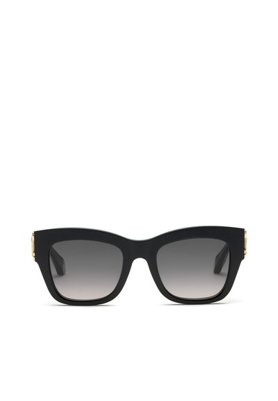 Lunettes de soleil carrées noires avec des montures épaisses et des verres dégradés foncés, présentées de face sur un fond blanc.