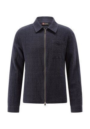 Dark navy textured long-sleeve jacket with a collar, front zipper, and chest pocket, shown against a white background.