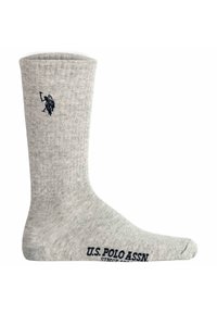 Calzino grigio in cotone con texture a coste, caratterizzato da un piccolo logo navy e nome del marchio stampati in navy vicino alla punta.