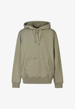 Olive green hoodie with a drawstring hood, front pouch pocket, ribbed cuffs, and hem. Made of a soft, textured fabric.