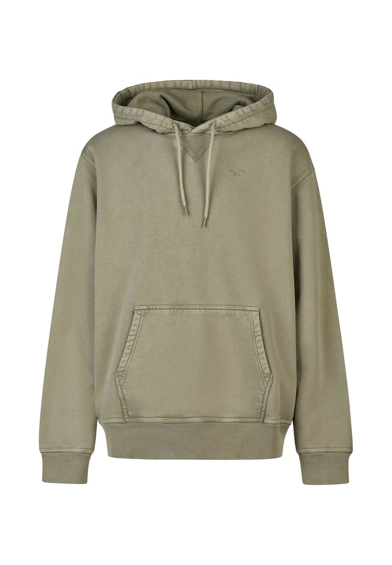 Olivgrüner Hoodie mit einer Zugkordelkapuze, einer Fronttasche, gerippten Bündchen und Saum. Hergestellt aus einem weichen, strukturierten Stoff.