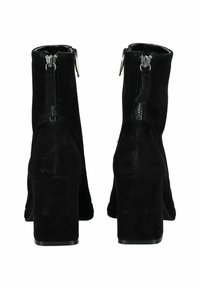 Black suede ankle boots with a block heel, featuring a visible zipper detail on both sides. Smooth texture with a sleek design.