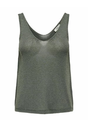 Khaki grøn ærmeløs top med V-hals, lavet af tekstureret strikstof. Den har en afslappet pasform og en lige kant.