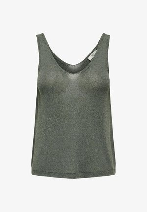 Khakigroene mouwloze top met een V-hals, gemaakt van gestructureerde gebreide stof. Heeft een ontspannen pasvorm en een rechte zoom.