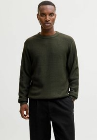Pull en maille vert olive avec encolure ras du cou et motif texturé, associé à un pantalon noir, mettant en valeur une coupe décontractée et des manches longues.