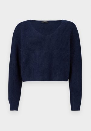 Μπλε σκούρο κοντό πουλόβερ με λαιμόκοψη V, μακριά μανίκια και υφασμένη πλεκτή υφή. Σχεδιασμένο για άνετη εφαρμογή.