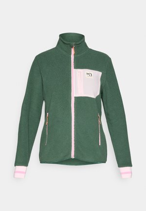 Groene fleecejack met een hoge kraag, roze rits, roze en witte borstzak en gestreepte manchetten. Gelaagd materiaal met ritszakken aan de zijkant.