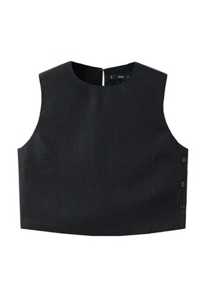 Sort ærmeløs cropped top med rund halsudskæring, sidelukning med knapper og en nøglehuldetalje bagpå med knap.