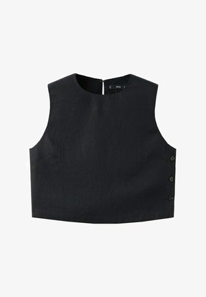Top negru fără mâneci, scurt, cu decolteu rotund, închidere laterală cu nasturi și un detaliu decupat la spate cu nasture.