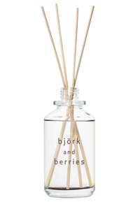 Raumd diffuser in einer klaren Glasflasche mit runder Basis, die eine helle Flüssigkeit und fünf Holzstäbchen enthält, beschriftet mit "björk and berries".