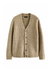 Beige struktureret cardigan med V-udskæring, der har fem brune knapper foran og lange ærmer, lavet af blødt, fuzzy materiale.
