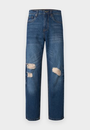 Blaue Jeans aus Denim mit einem lockeren Schnitt, die mit abgetragenen Details wie zwei großen fransigen Löchern an der Vorderseite und einem klassischen Fünf-Taschen-Design ausgestattet sind.