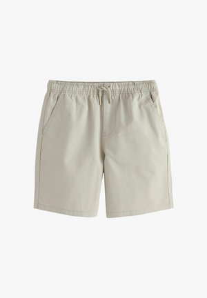 Beige shorts with an elastic waistband, drawstring, two side pockets, and a straight cut. The fabric appears lightweight and smooth.