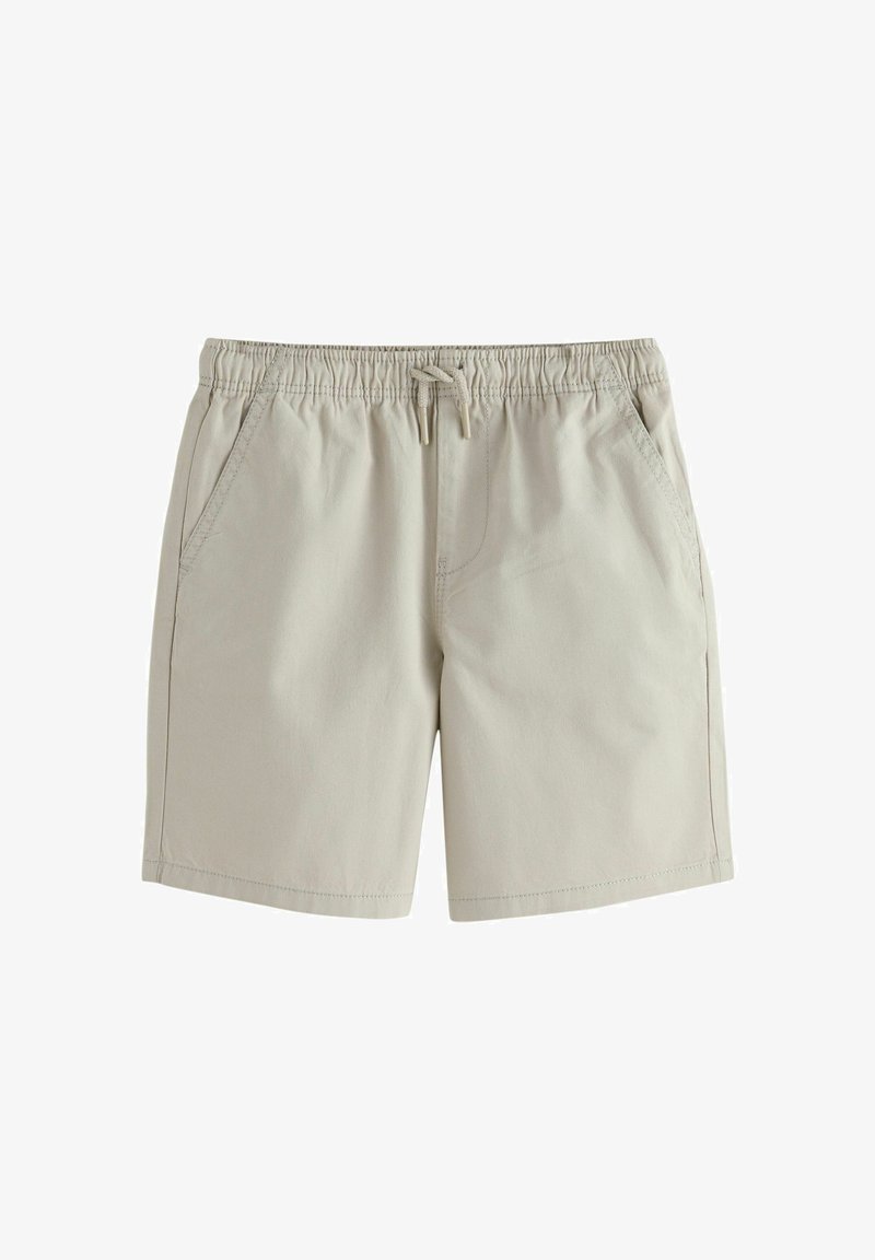Beige Shorts mit elastischem Bund, Kordelzug, zwei seitlichen Taschen und geradem Schnitt. Der Stoff wirkt leicht und glatt.