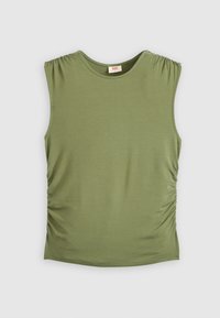 Sleeveless green top made of soft fabric, featuring gathered detailing along the sides and a round neckline. Smooth texture and fitted shape.