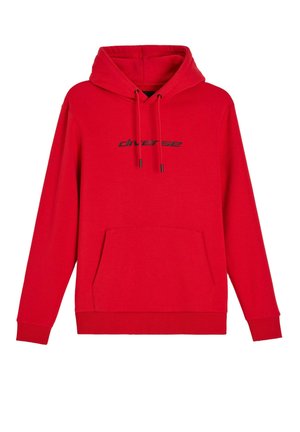 Czerwona bluza z kapturem, z przodu kieszeń, regulowany kaptur ze sznurkiem oraz czarne logo "diverse" nadrukowane na piersi.