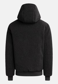 Black fleece jacket with a hood, featuring a textured, plush fabric and elasticized cuffs and hem. Back view shows a simple design.