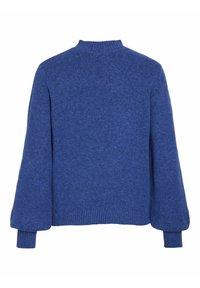Blauwe pullover trui met een hoge hals, lange ballonmouwen en geribde manchetten. Zachte textuur en effen kleur zonder patronen of accenten.