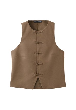 Brown sleeveless vest with round neckline, five traditional knot buttons down front, and small front slit at the hem.