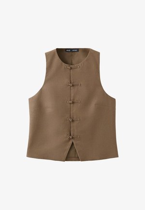 Brown sleeveless vest with round neckline, five traditional knot buttons down front, and small front slit at the hem.