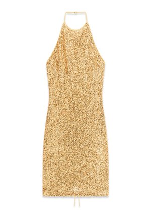 Mini-Kleid aus goldenen Pailletten mit Neckholder-Design. Glatte Textur, figurbetonte Form und ein Kordelzugdetail am Saum zur Anpassung.