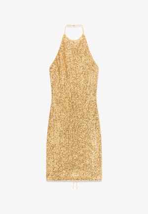 Gouden mini-jurk met pailletten en een halternekontwerp. Gladde textuur, aansluitende pasvorm en een trekkoorddetail aan de zoom voor aanpassing.