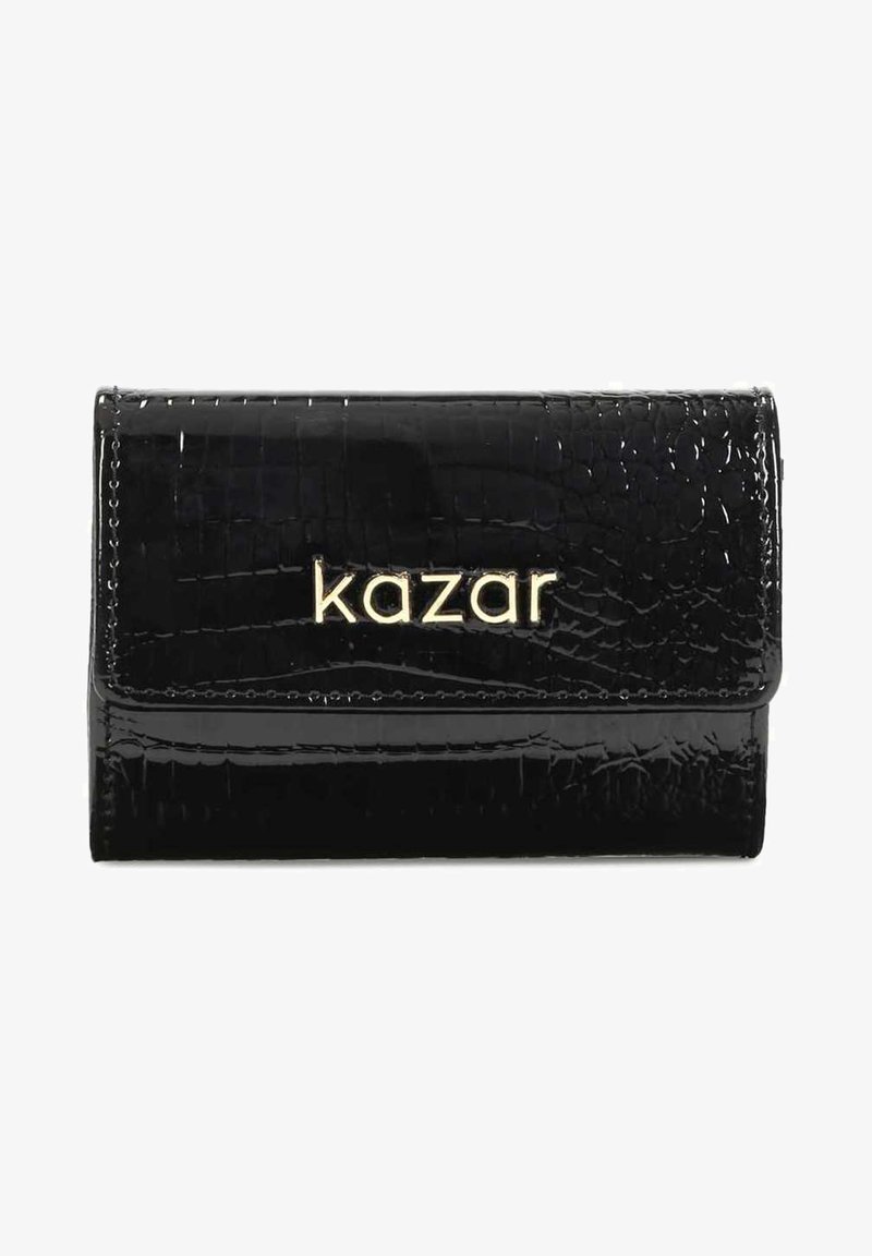 Črn denarnica iz usnja s krokarjem z odklopnim zapiranjem, ki na sprednji strani vsebuje zlat logo "kazar".