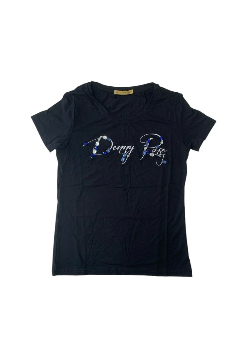 Maglietta nera a maniche corte, con un design decorativo "Denny Rose" realizzato in perline blu e bianche, posizionato sul petto.