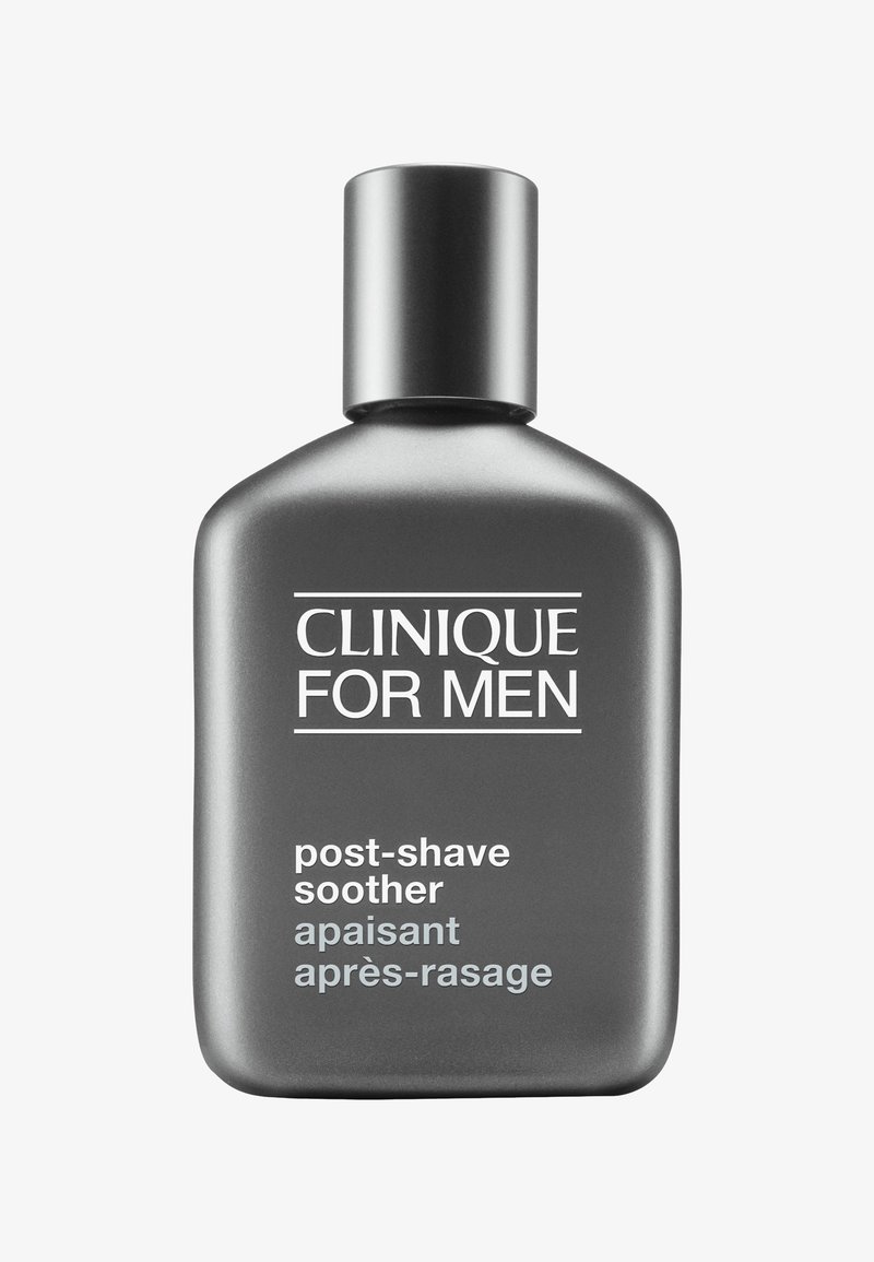 Harmaa, mattapintainen pullo, jossa on pyöristetyt kulmat ja musta korkki. Etiketissä lukee "Clinique for Men" ja "after shave -rauhottava voide" valkoisella ja vaaleansinisellä tekstillä.