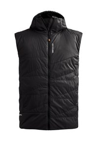 Schwarze ärmellose Steppweste mit Kapuze. Mit einem Reißverschluss vorne, diagonaler Steppung und Logo auf der linken Brust. Glattes, strapazierfähiges Gewebe.