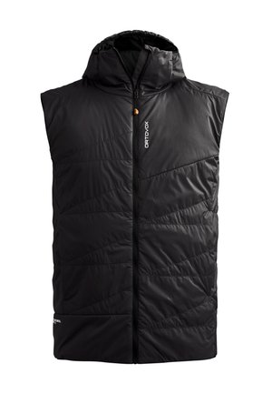 Black sleeveless puffer vest with a hood. Features a zip front, diagonal quilted texture, and logo on the left chest. Smooth, durable fabric.