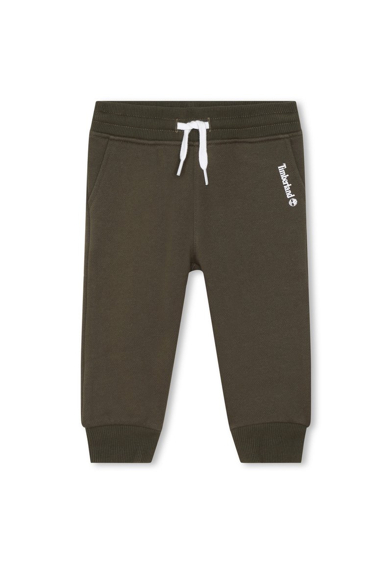 Pantalons de survêtement vert olive avec taille élastique, cordon de serrage blanc, poches latérales et logo Timberland imprimé en blanc sur la jambe gauche.