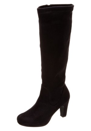 Bota de ante negra hasta la rodilla con puntera redondeada y un tacón cuadrado moderado. Textura suave y mínimo detalle.