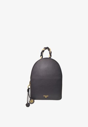 Zaino nero arrotondato con manico intrecciato beige e nero, cerniera dorata e piccolo logo "Pollini" dorato sul davanti.