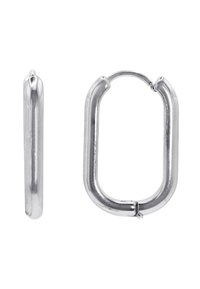 Orecchino a cerchio in metallo argento con forma rettangolare arrotondata e liscia. Presenta una chiusura sicura per il fissaggio. Superficie riflettente.