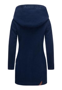 Navy blue coat with a large hood, soft fabric texture, featuring a logo at the back and a brown leather accent on the side.