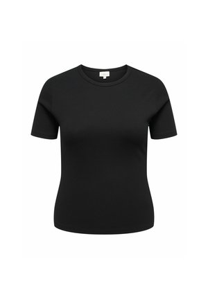 En ensfarvet sort kortærmet t-shirt med rund hals vist på hvid baggrund, forfra, uden synlige logoer eller mønstre.