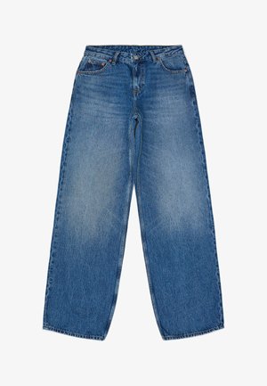 Svetle modré široké džíny s vysokým pasem, s knoflíkovým zapínáním, poutky na opasek a klasickým pětikapsovým designem.